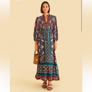 Farm Rio Teal Seashell Tapestry Lenzing™ Ecovero™ Viscose Maxi Dress - size S